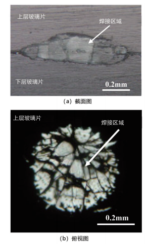 圖 6. 微分干涉差顯微鏡下的焊接區(qū)域微觀形貌（基片預熱溫度 293K，脈沖寬度 7.5ms，光束能量為 2.3J/ 脈沖）。