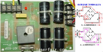 圖1.2.4 橋式整流電路工作時(shí)的電流流向，實(shí)物圖