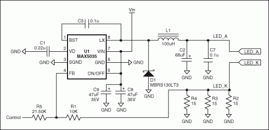 基于固定頻率、高集成度PWM開關(guān)轉(zhuǎn)換器MAX5035的高亮度LED電源原理圖