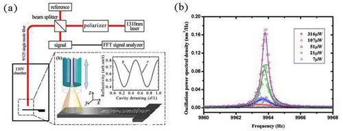 圖（a）實驗原理圖；（b）激光冷卻懸臂梁的振動噪聲譜。